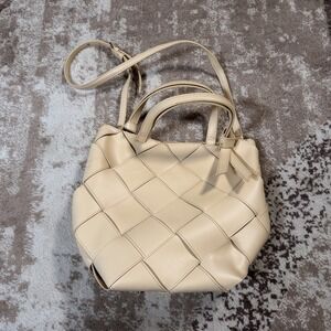ETIENNE AIGNER Leather Ella Woven Satchel Crossbody Luggage Handbag Purse Cream